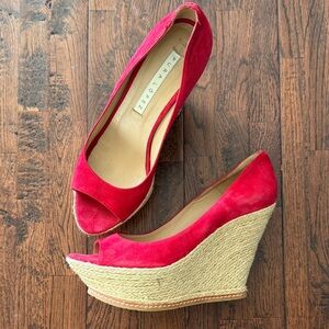 Pura Lopez Red Suede Espadrille Peep-Toe Wedge Heels